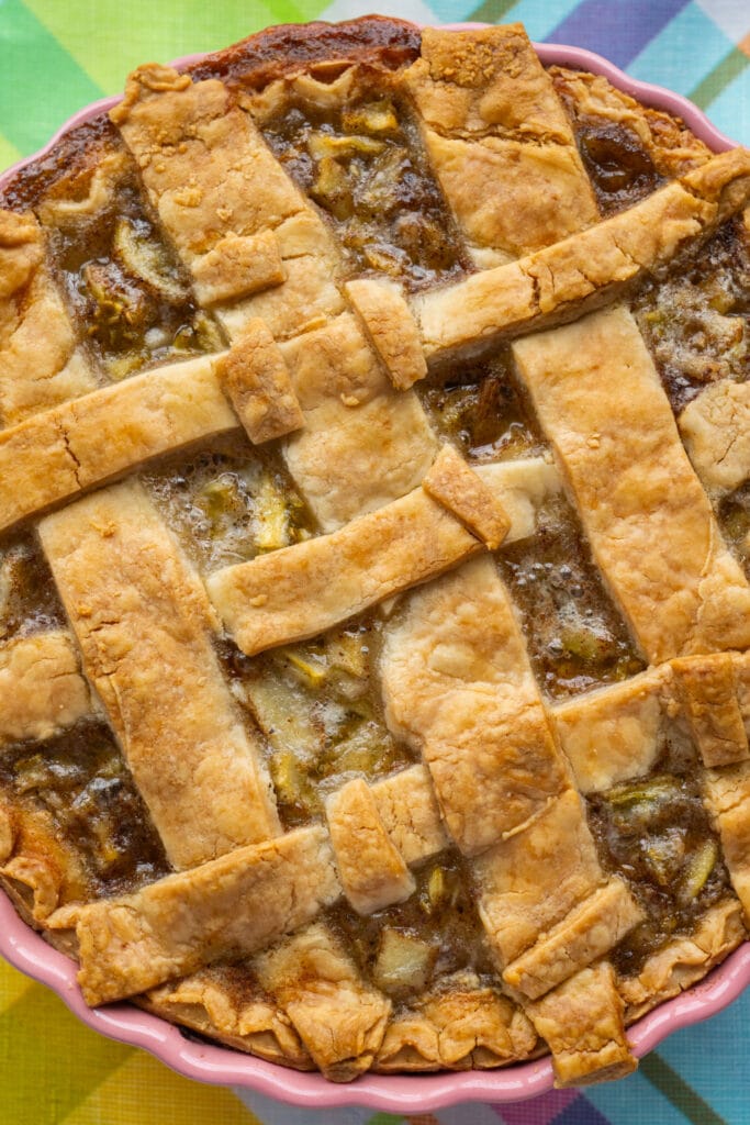 closeup of baked and bubbling green tomato pie.