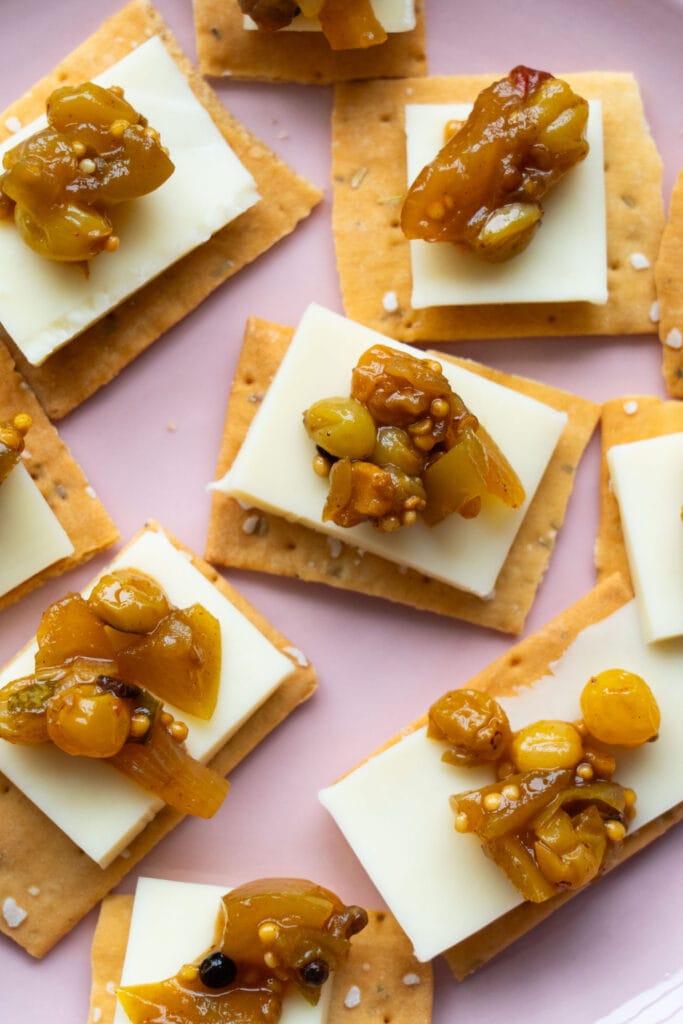 chutney on crackers with cheese.