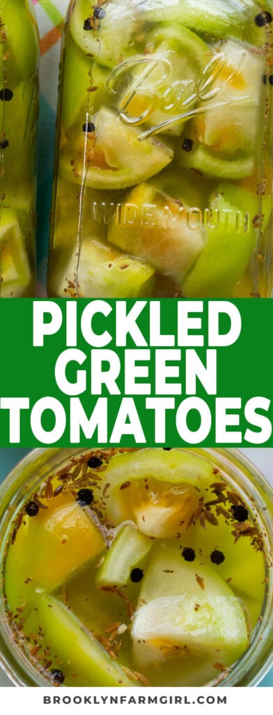 Crunchy pickled green tomatoes recipe that keeps the green tomatoes crisp!  Use your unripe green tomatoes to make tangy, crunchy green tomato pickles!  No canning is needed, just throw them in the refrigerator for 2 days!  Eat them straight out of the jar or add to burgers, grilled cheese and pastrami sandwiches!