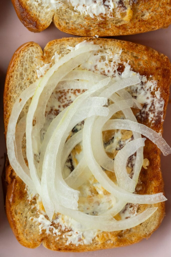 slices of raw onion on bread.