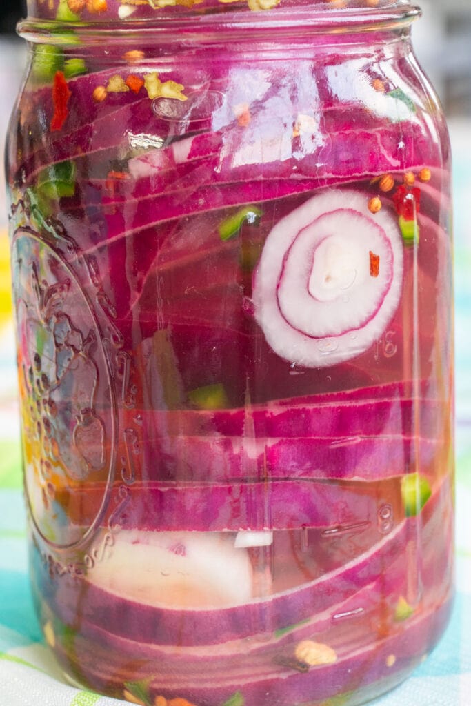 closeup of pickled onions in mason jar.