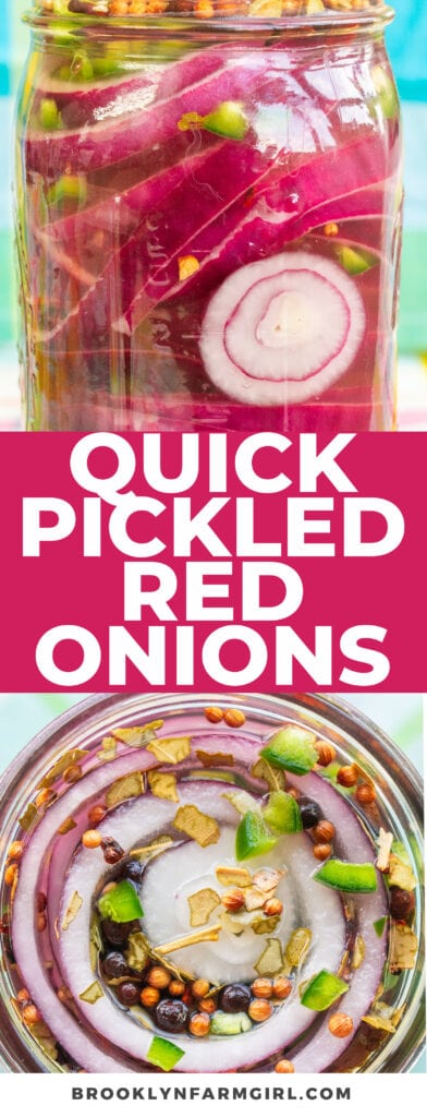 Fast pickled red onion slices recipe that makes crunchy onions to add to sandwiches, tacos , salads and more! This is a recipe to save if you have an abundance of red onions and jalapenos from the garden!