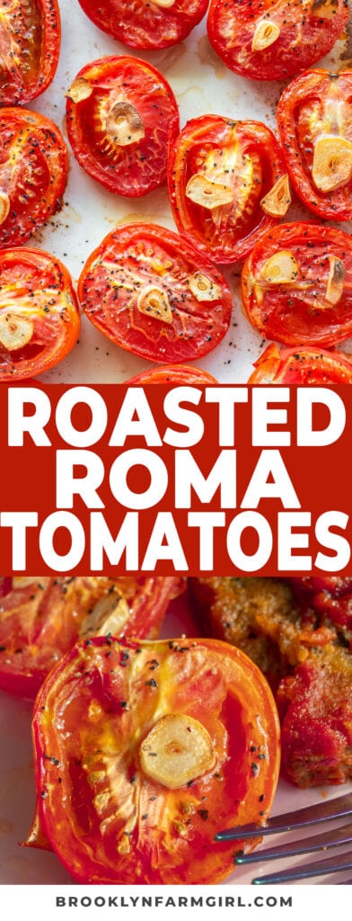 Roasted Roma Tomatoes is such an easy way to use up a bunch of roma tomatoes.  Bake them for 30 minutes with garlic and olive oil, and then serve as a side dish, or blend them up to make homemade tomato sauce.  I love making a few batches to freeze for easy preserving!