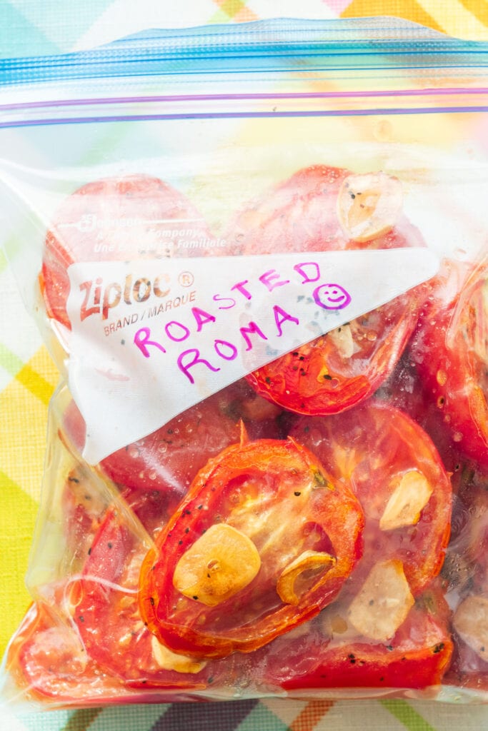 roasted tomatoes in freezer bag.