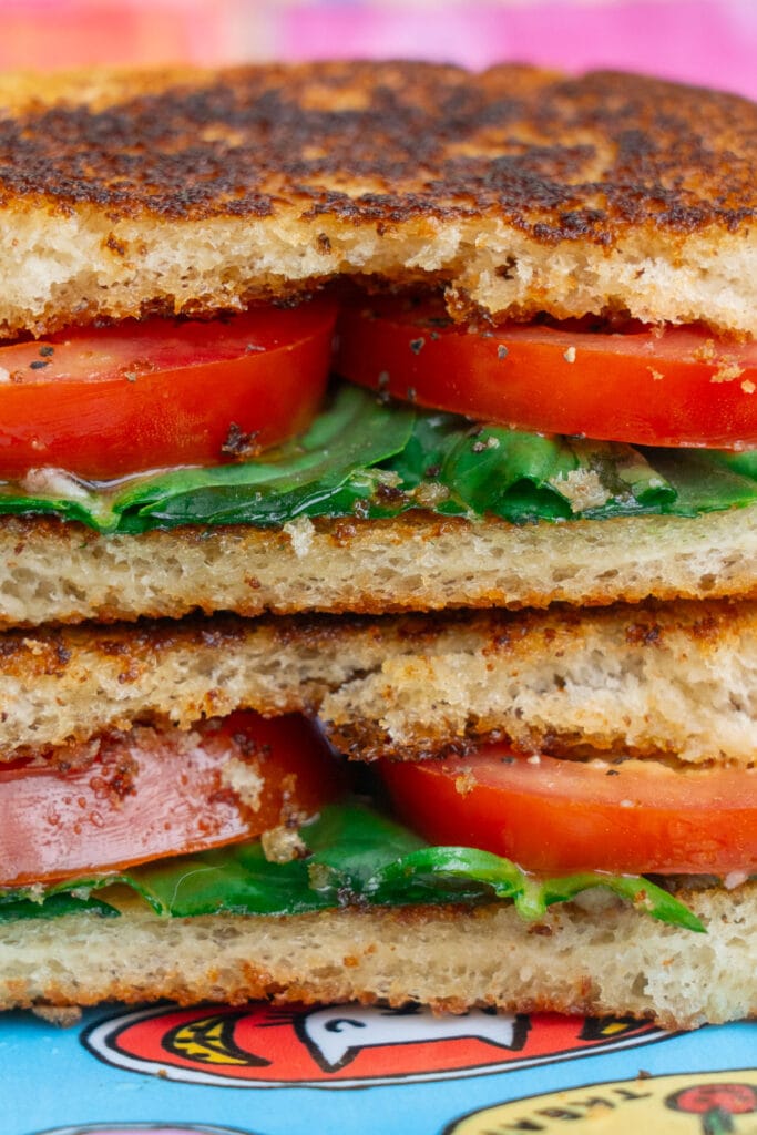 closeup of roma tomato sandwich.