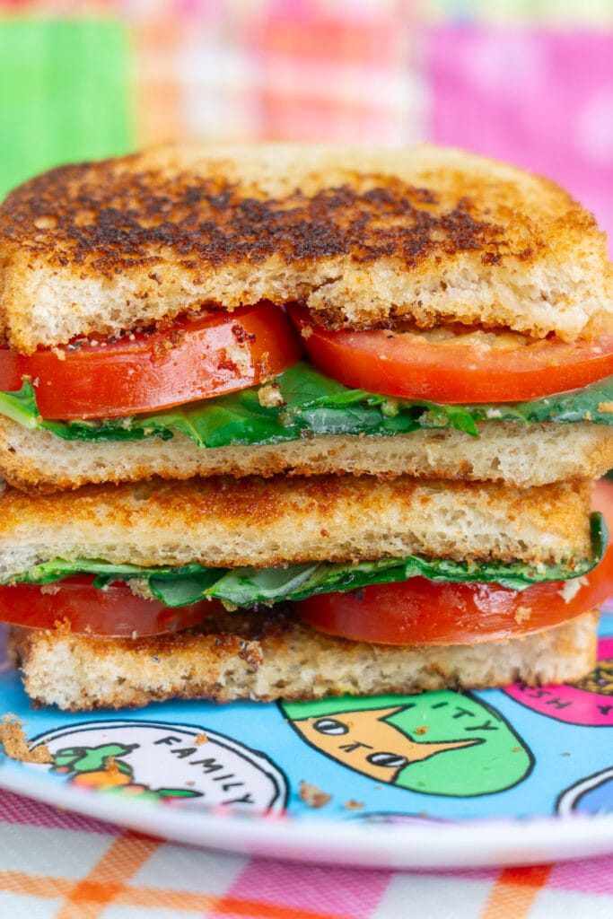 roma tomato sandwich closeup with tomatoes and basil on it.