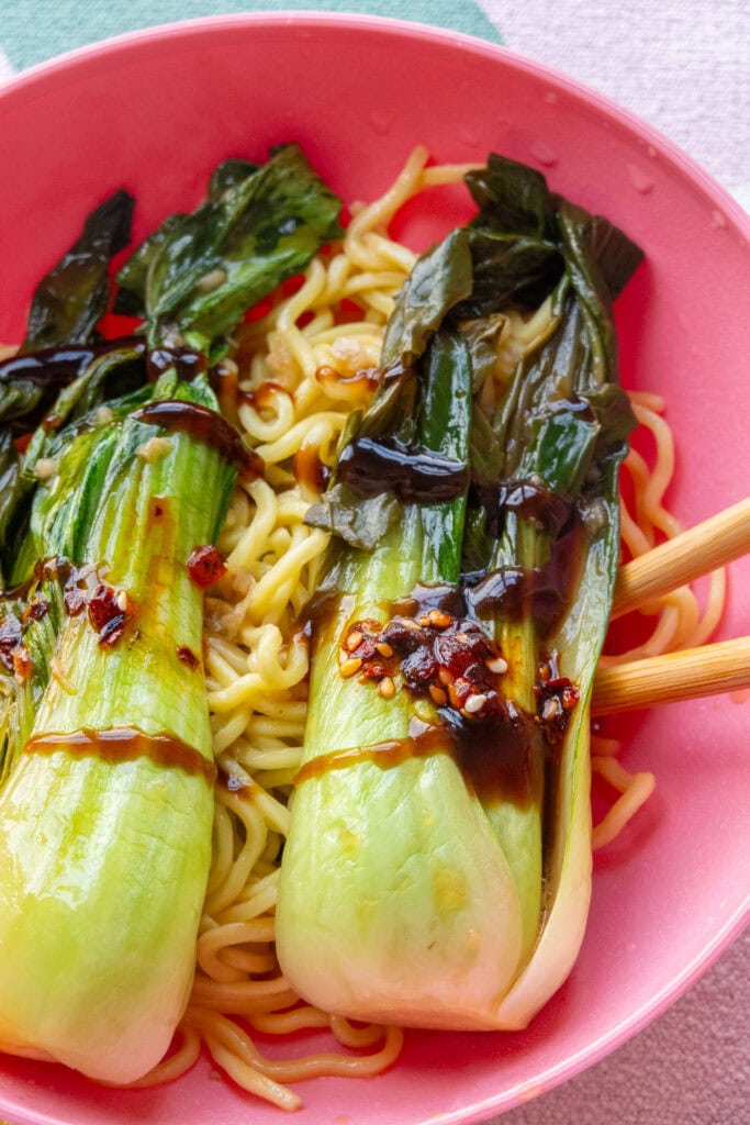 bok choy and noodles with hoisin sauce on top in pink bowl. 