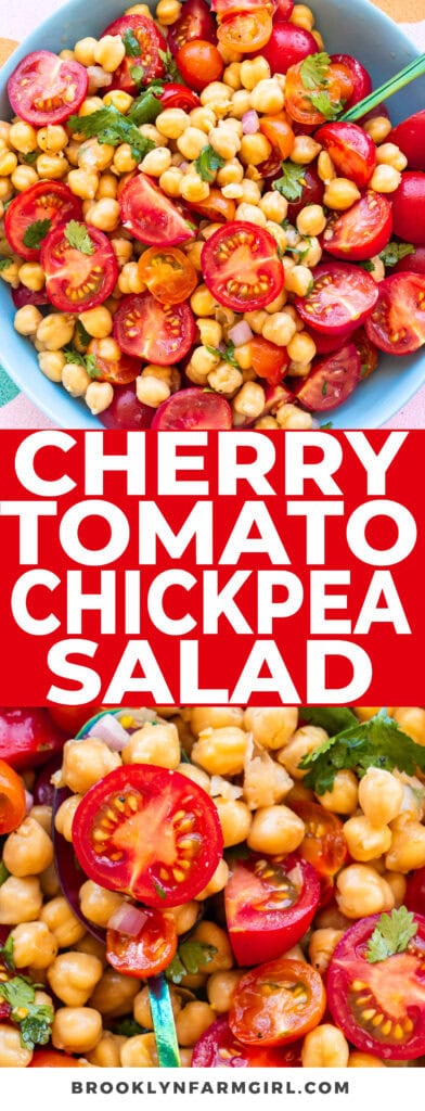 Made with fresh juicy cherry tomatoes and canned chickpeas, this is one of my favorite Summer garden salads. The dressing is a light mixture of minced garlic, olive oil and lemon juice.  Add everything to a bowl and allow to chill to marinade the flavors.  It doesn’t get much easier (or yummier) than this!  Serve warm or cold. 