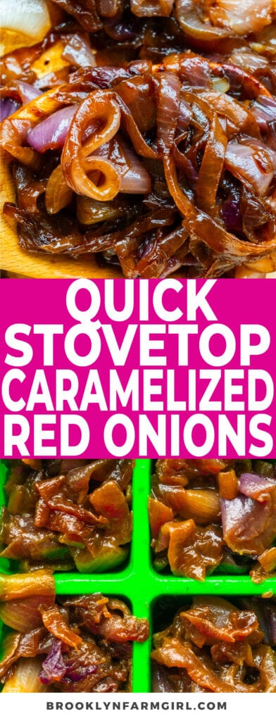 Sautéed red onions, caramelized in butter and olive oil on the stovetop.  The key is cooking them on low heat, stirring often until they caramelize!  This recipe makes 1 cup caramelized onions.
