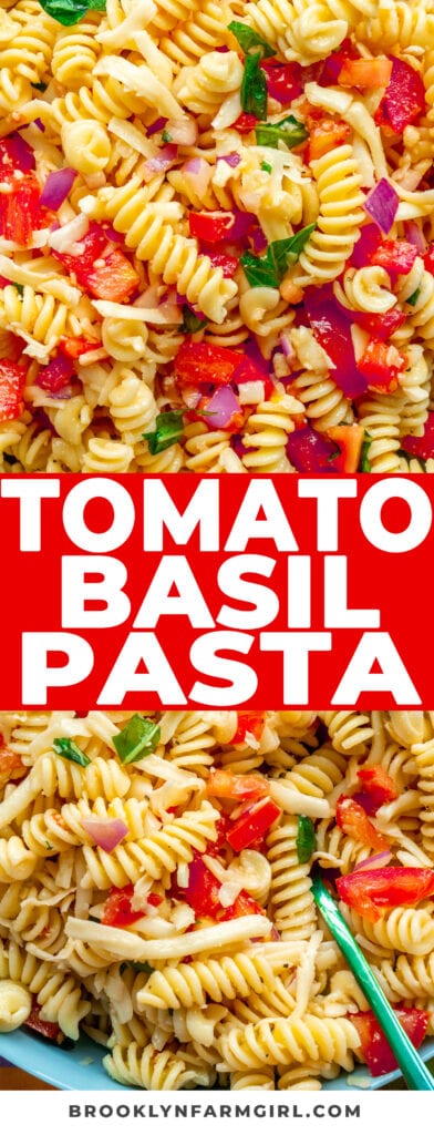 Fusilli pasta is tossed with fresh tomatoes, red onions, basil and shredded mozzarella cheese.  This is a quick Summer pasta I make with our garden veggies to serve for dinner or a side dish. You can serve it warm or cold.