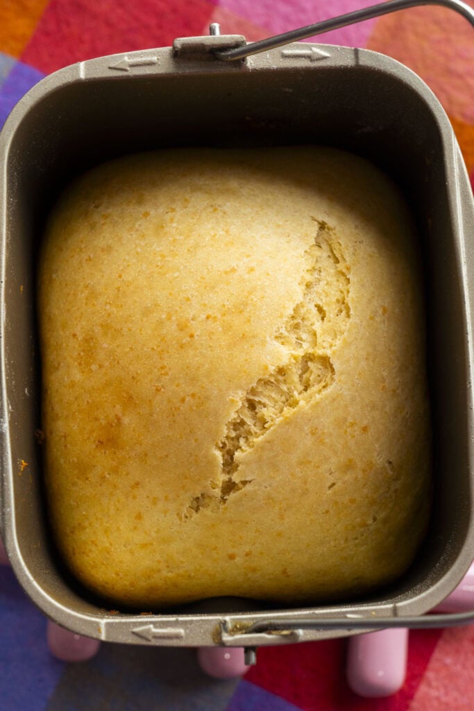 loaf of garlic bread in bread machine pan.