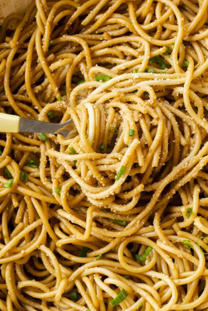 closeup of garlic spaghettti noodles.