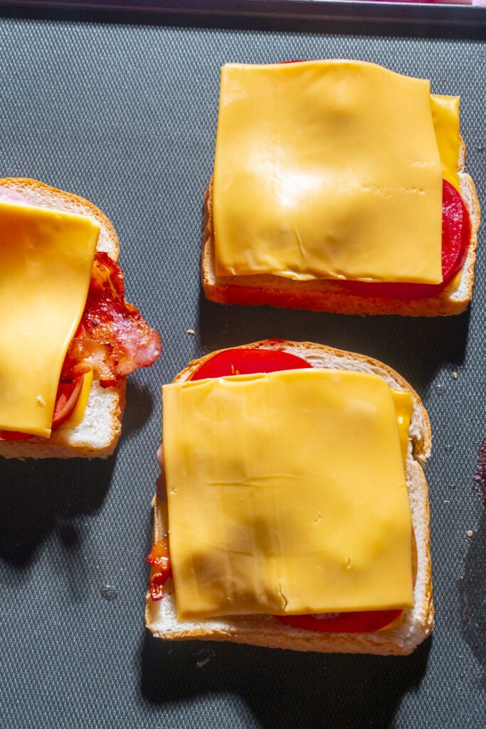 cheese melting on top of tomatoes on bread.