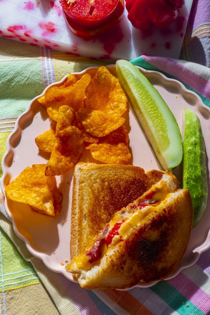  grilled cheese sandwich tomatoes and bacon, sitting next to pickle and bbq chips on plate