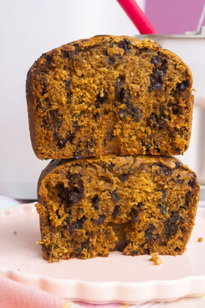 fluffy moist cucumber bread cut in half. 