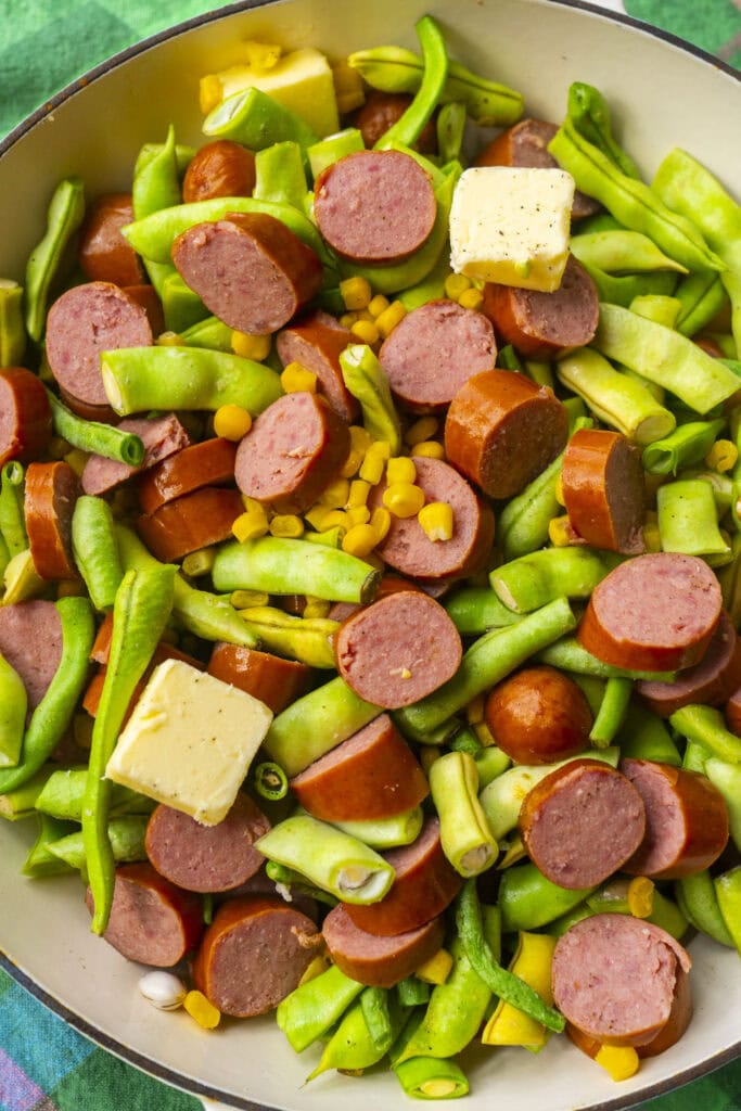 ingredients stirred up in skillet.