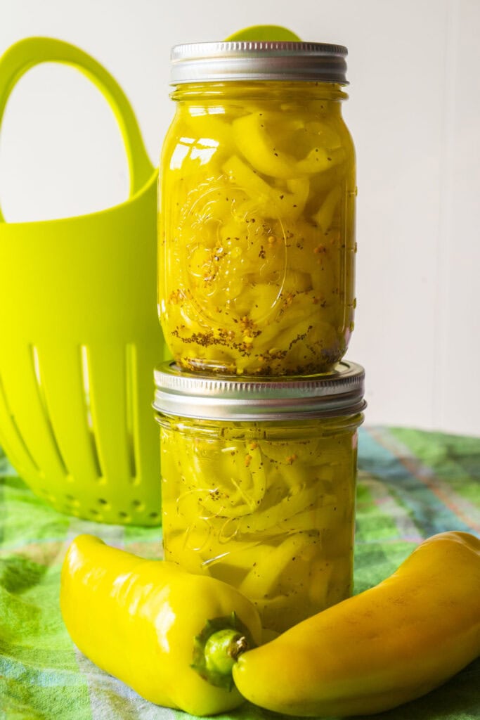 jars of canned pickled banana peppers.