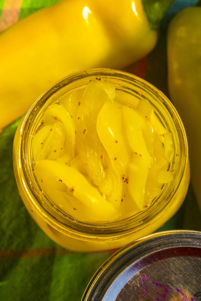 top down view of pickled banana peppers.