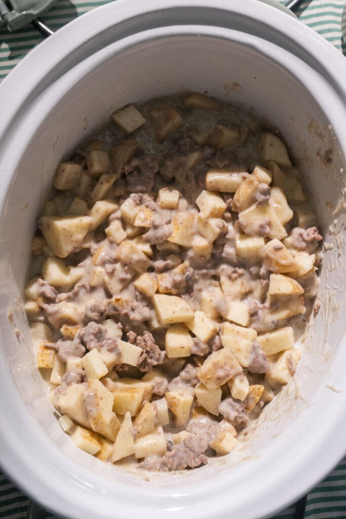 ingredients being put into crockpot before cooking it.