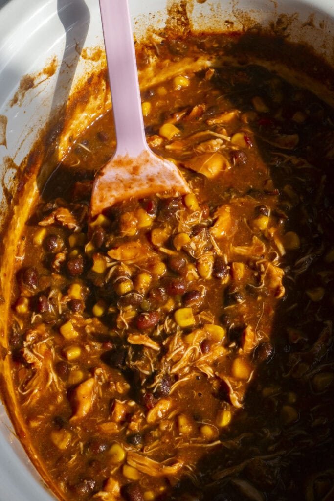 spoon serving crockpot salsa chicken out of slow cooker. 