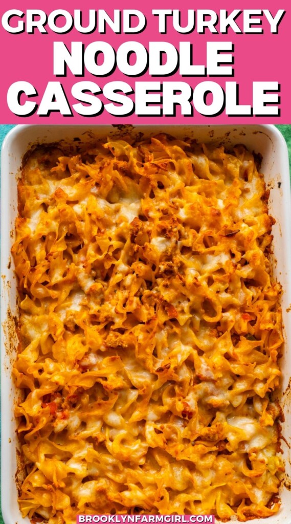 A hearty and easy Cheesy Ground Turkey Noodle Casserole made with wide egg noodles, ground turkey, and marinara sauce. This simple pasta bake is topped with melted mozzarella and ready in under an hour.