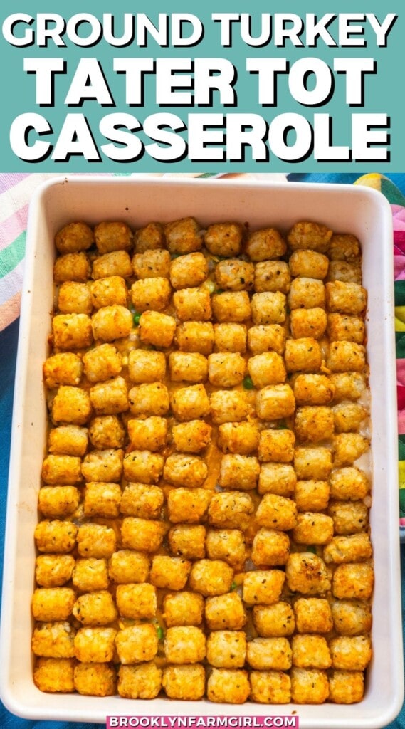 This Cheesy Ground Turkey Tater Tot Casserole is a Midwestern comfort classic! Packed with veggies and topped with crispy tots, it's a kid-friendly dinner.