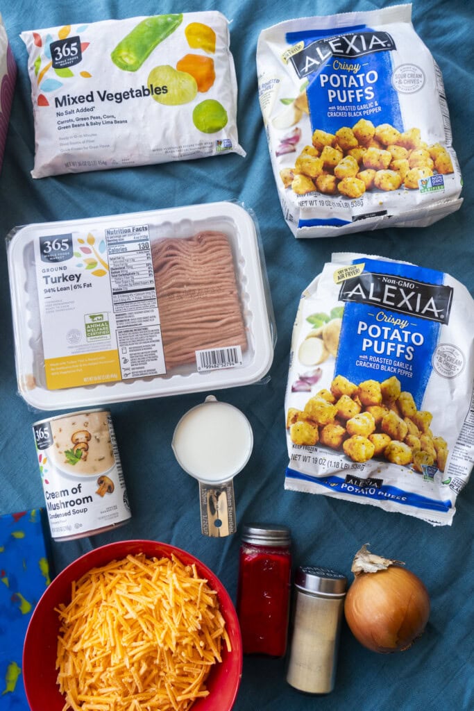 ingredients on table for tater tot casserole.