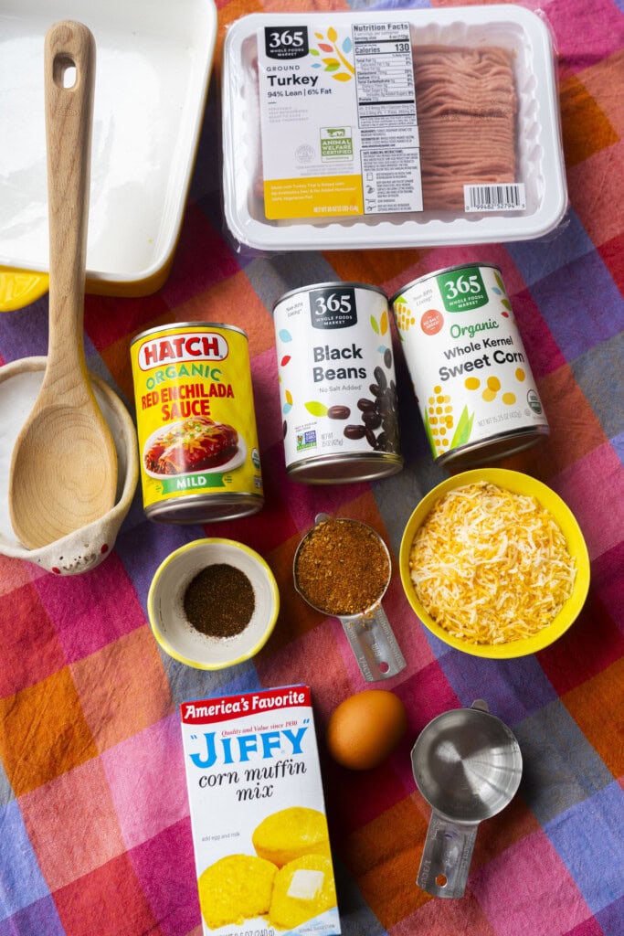 ingredients to make this casserole on picnic like table cloth.