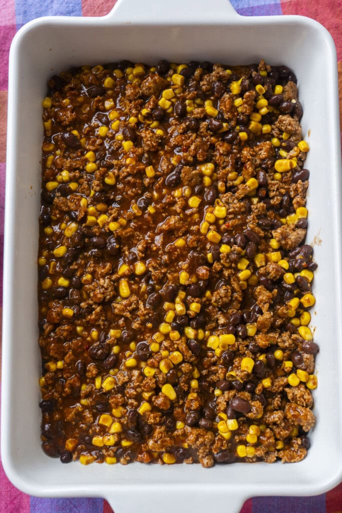 ground turkey mixture poured into baking dish.