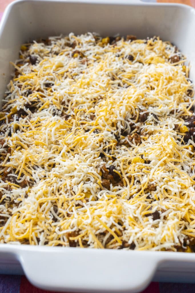 sprinkle cheese added on top of casserole.
