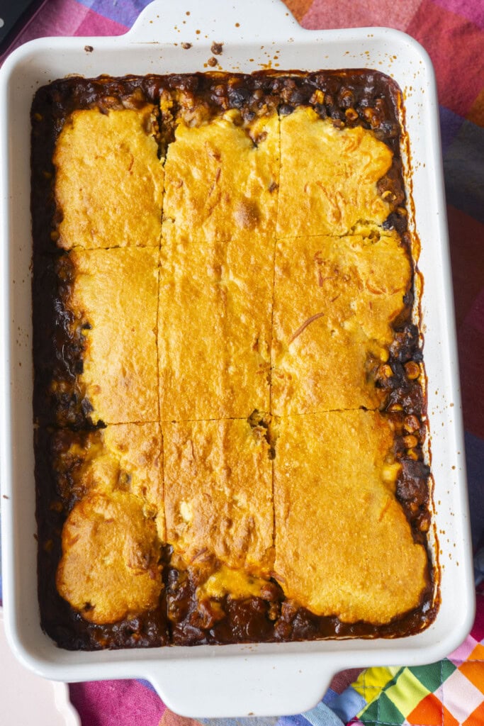 baked casserole removed from the oven with bubbly sauce on sides.