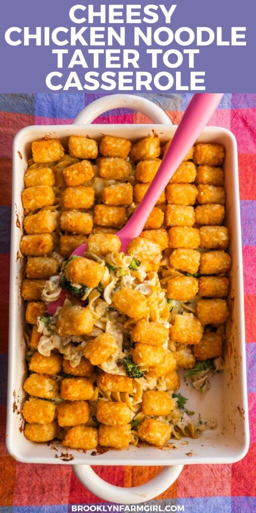 A rectangular baking dish filled with cheesy chicken noodle tater tot casserole. A pink serving spoon has scooped out a portion, revealing noodles, chicken, and broccoli under a layer of golden tater tots.
