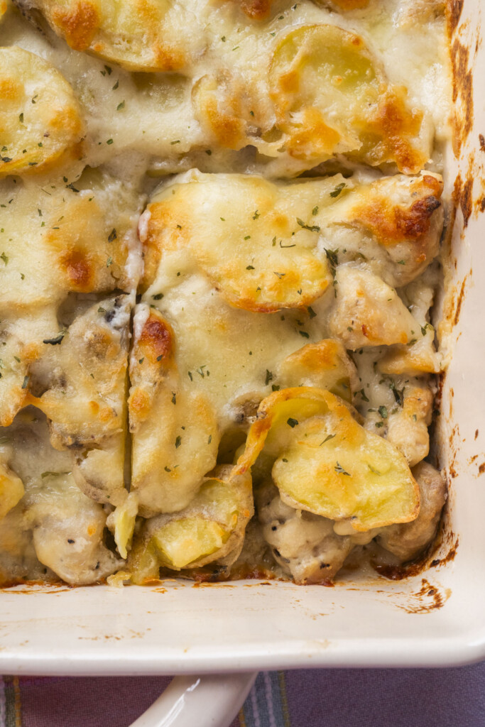 Close-up of the golden, bubbly cheese topping on a baked potato and chicken casserole.