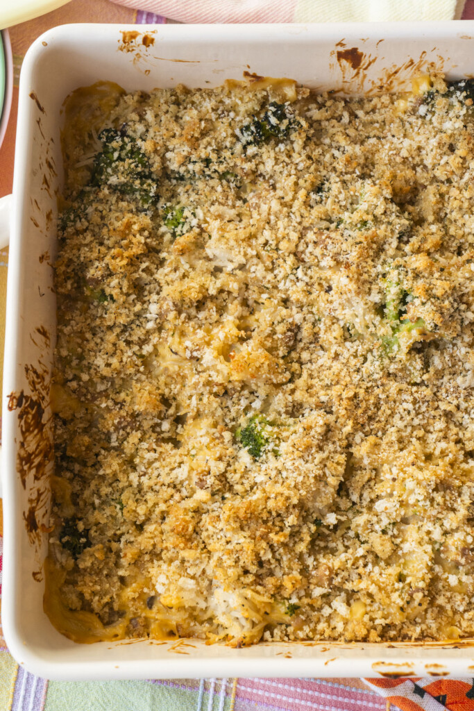 Top view of a freshly baked ground turkey and broccoli rice casserole with a golden brown breadcrumb topping.