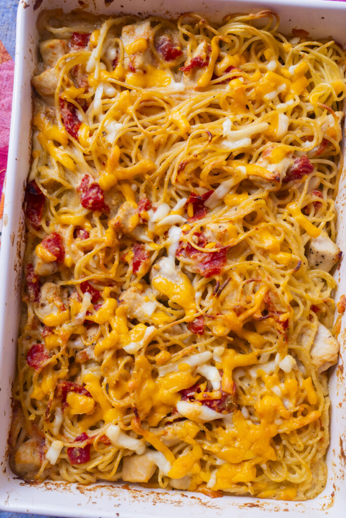 A close-up of a baked spaghetti casserole in a white dish, featuring noodles, chunks of chicken, diced tomatoes, and melted cheddar and mozzarella cheese on top.