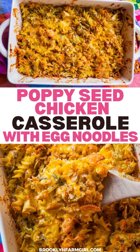 A baked poppy seed chicken casserole with egg noodles is shown in a white dish. A spoon lifts a serving, revealing a creamy, noodle-filled interior. Text reads “Poppy Seed Chicken Casserole with Egg Noodles.”.