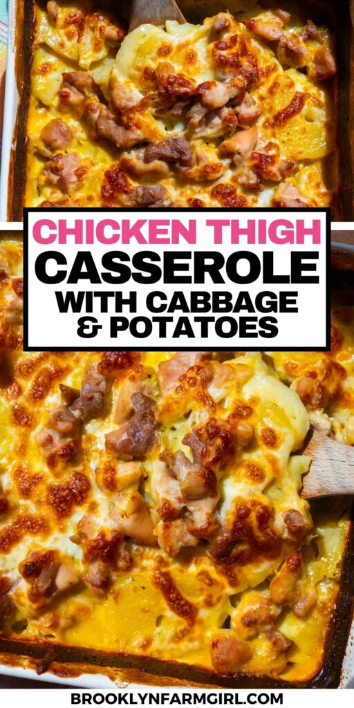 Baked chicken thigh casserole with cabbage and potatoes, topped with melted cheese, shown in a baking dish with a wooden spoon. Text overlay reads: Chicken Thigh Casserole with Cabbage & Potatoes.