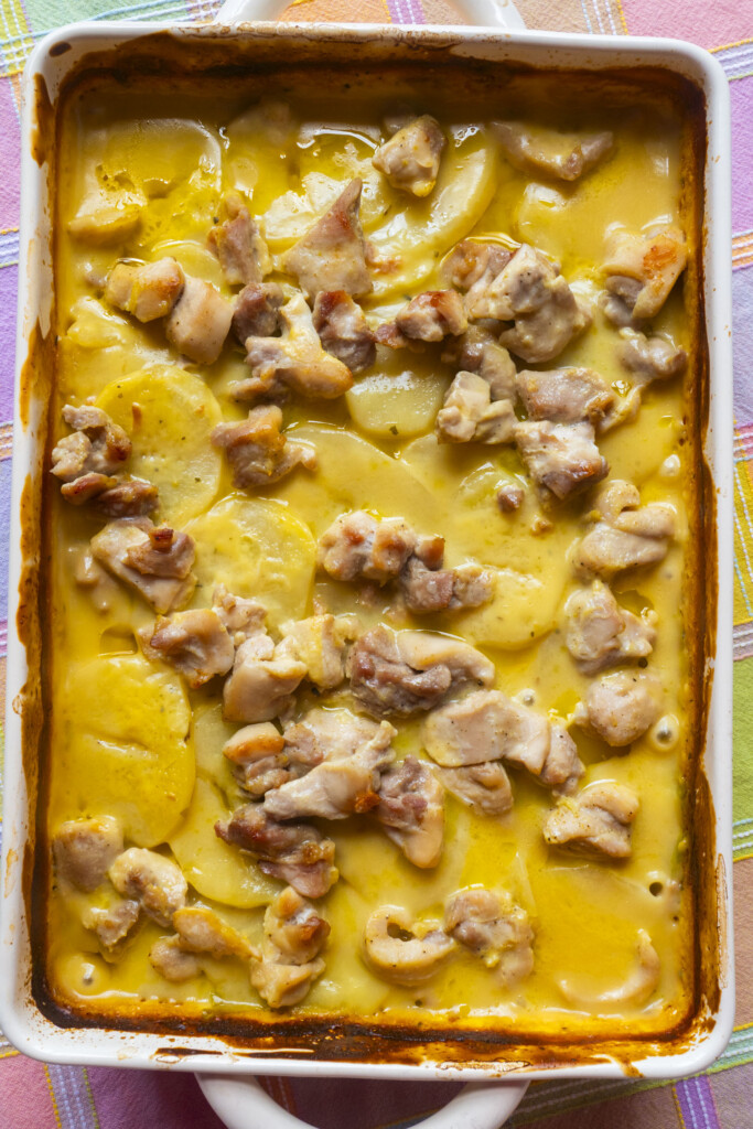 A baked casserole dish filled with sliced potatoes and pieces of chicken, covered in a creamy yellow sauce, sits on a pastel plaid tablecloth.