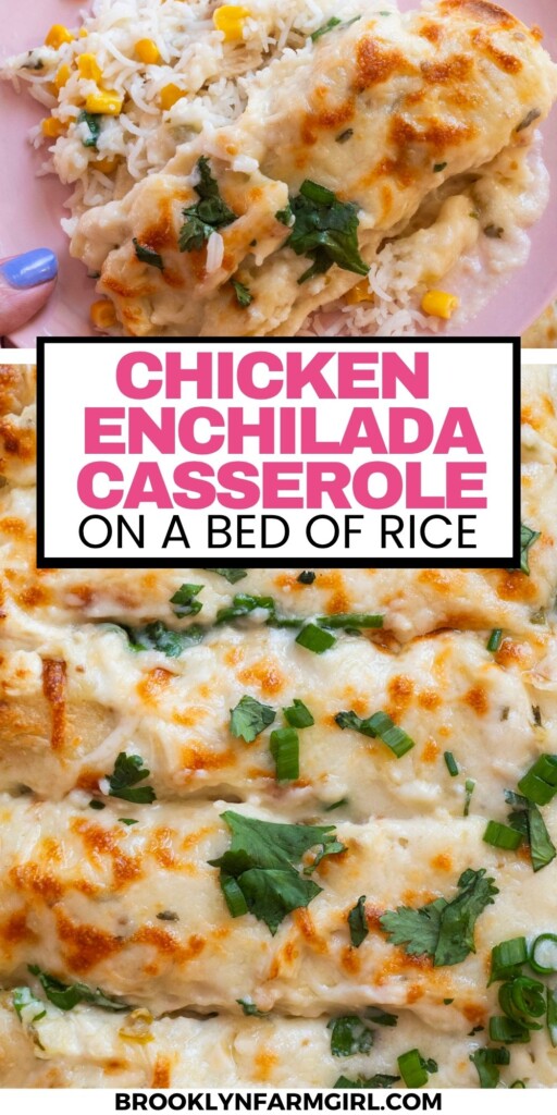A serving of cheesy chicken enchilada casserole sits on a bed of rice with corn, garnished with chopped herbs. The text reads “Chicken Enchilada Casserole on a Bed of Rice.”.