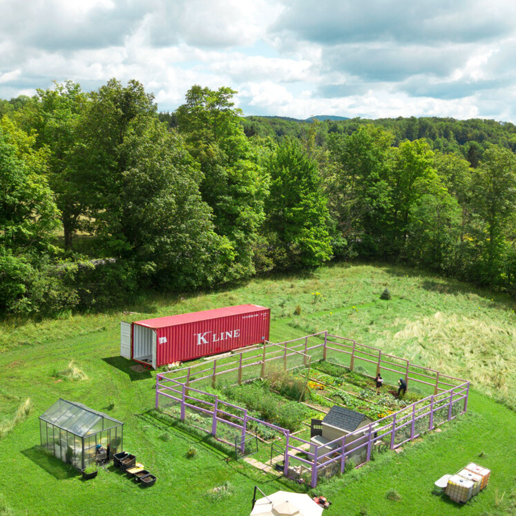 Aerial view of a fenced garden with raised beds, a small greenhouse, and a red shipping container in a grassy field, surrounded by trees under a partly cloudy sky.