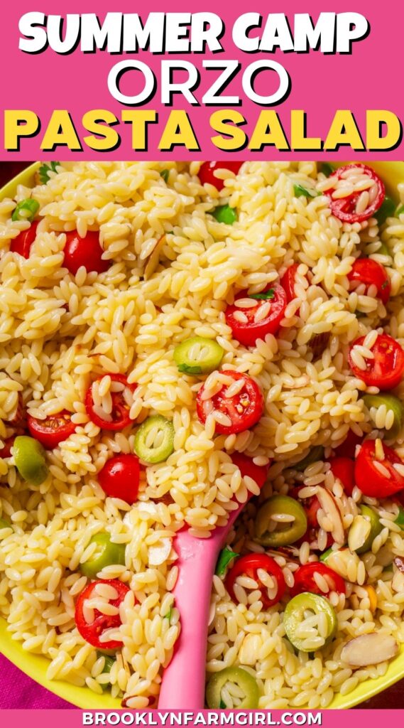 A close-up of orzo pasta salad with cherry tomatoes, green olives, and a pink spoon in a yellow bowl. Text above reads Summer Camp Orzo Pasta Salad.