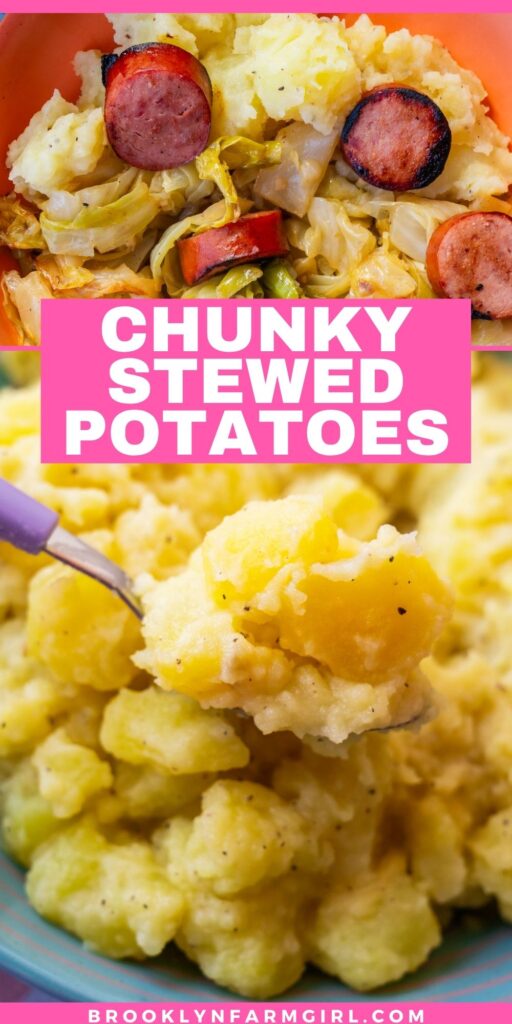 Two bowls of stewed potatoes with cabbage and sausage, with a spoonful being lifted, featuring the text CHUNKY STEWED POTATOES.